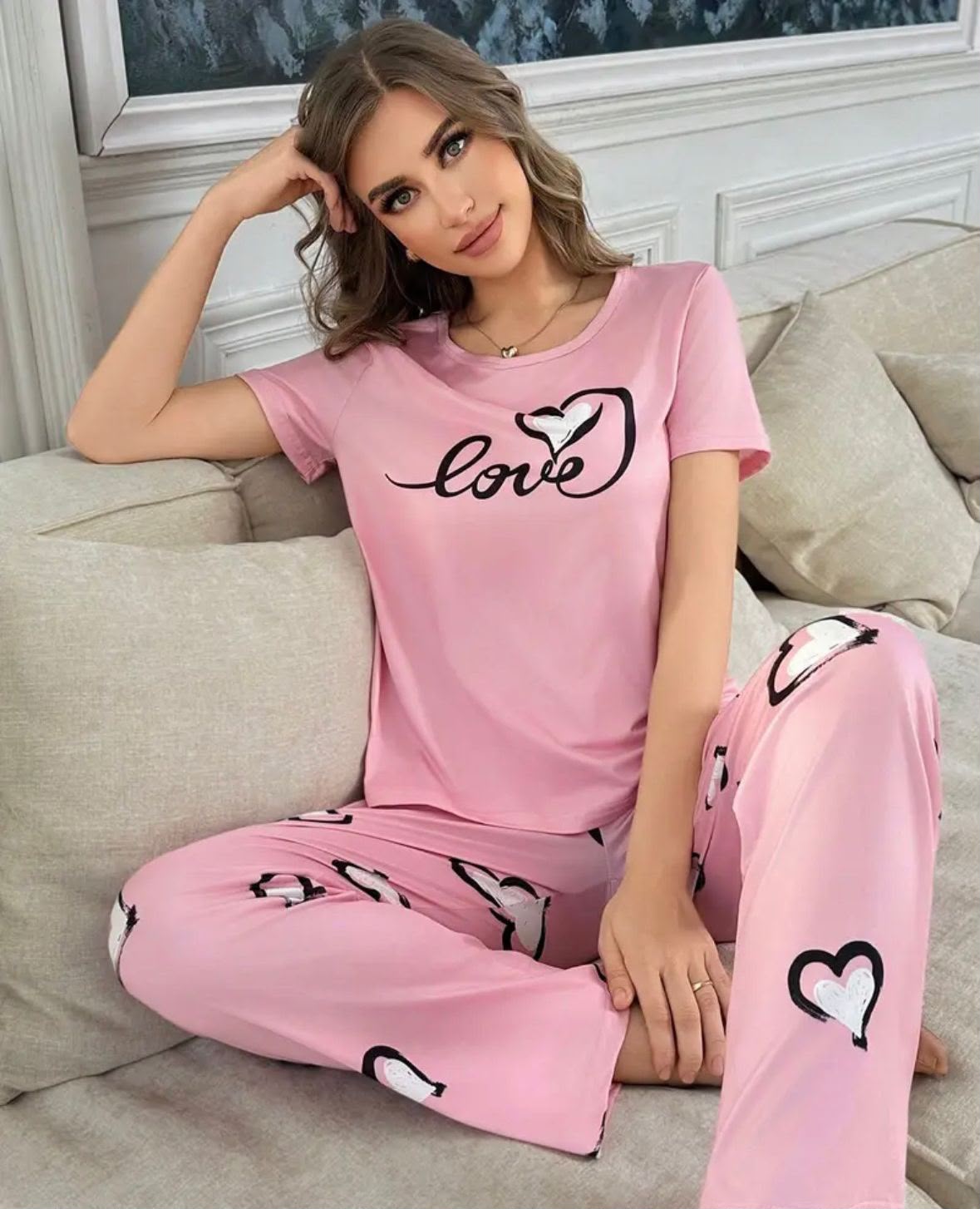 Women's Pink Love Graphic Set Night Suit