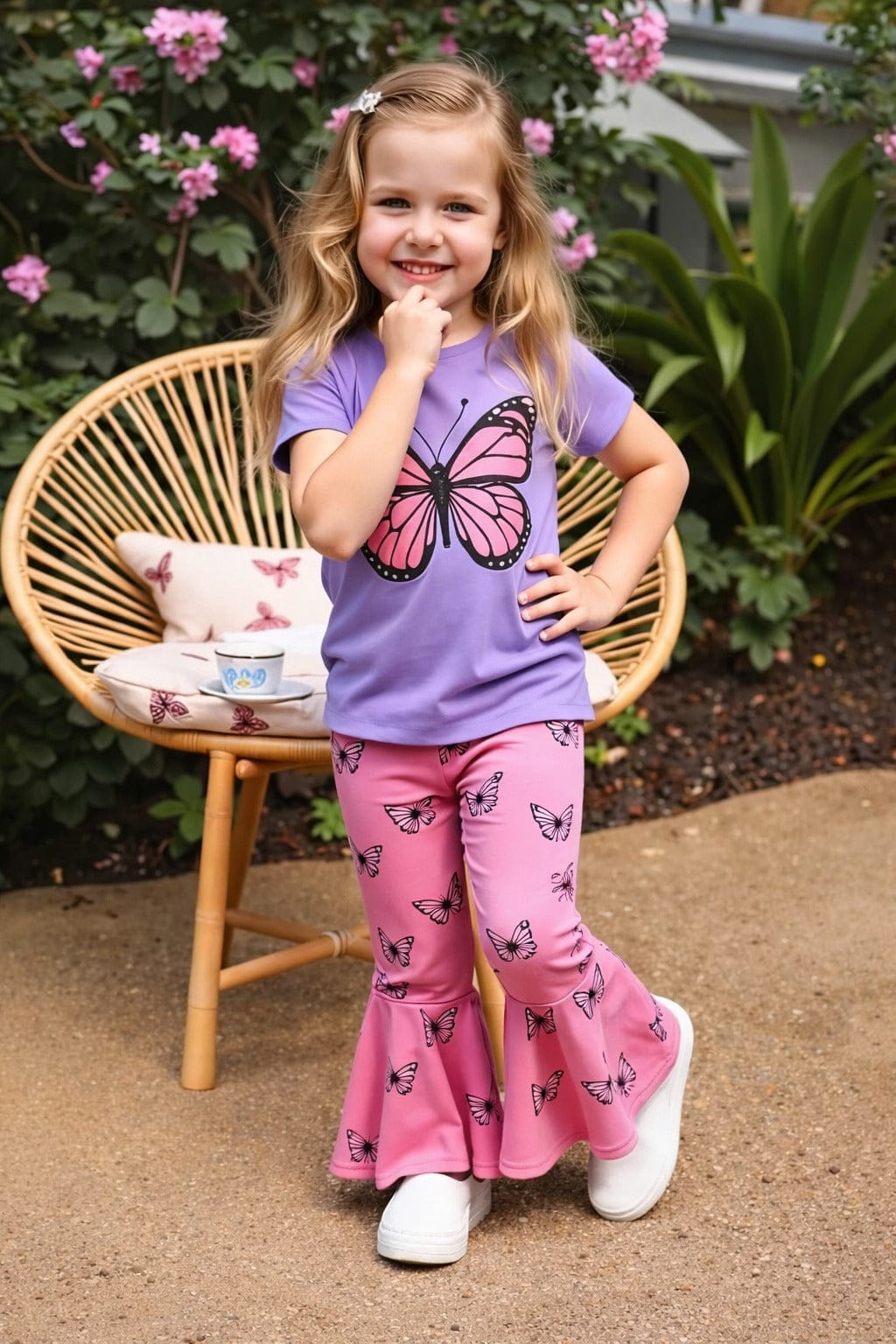 Purple Big Butterfly Printed Half Sleeves T-Shirt With Butterfly Printed PJs Kids Suit