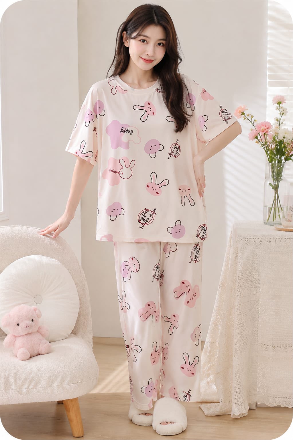Women's Pink Bunny-Print Set Night Suit
