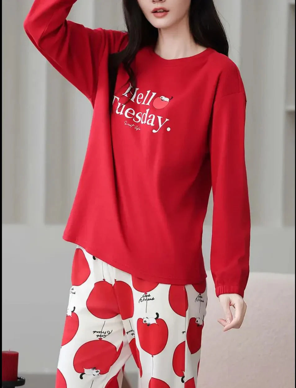Red Hello Tuesday Printed Full Sleeves Pj The Ultimate Dream Wear Sleep Suit (RX-333) view 5