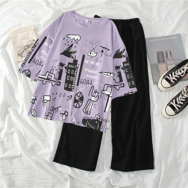 Multi Printed Half Sleeves T-shirt With Plain Black Trouser Suit view 7