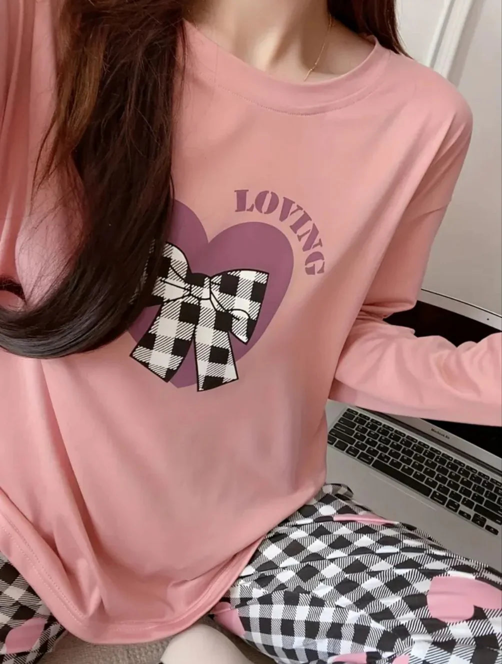 Loving with Check Ribbon Printed Full Sleeves PJ The Ultimate Dream Wear Sleep Suit view 7