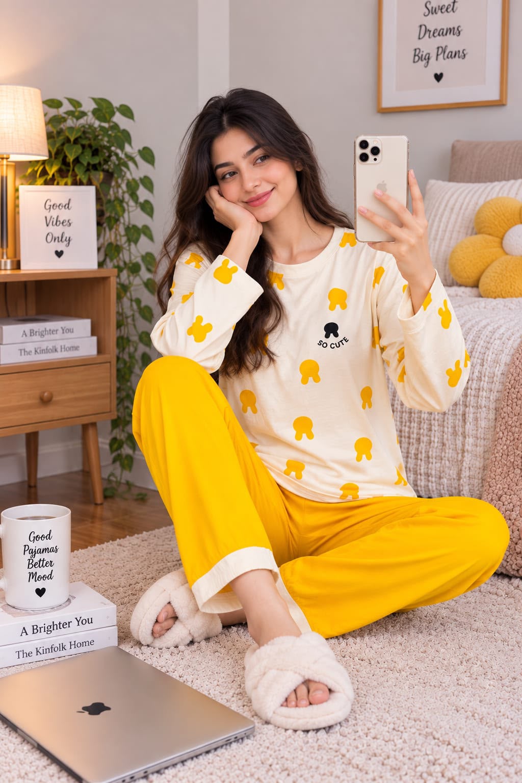 Women's White/Yellow Cartoon Set Night Suit