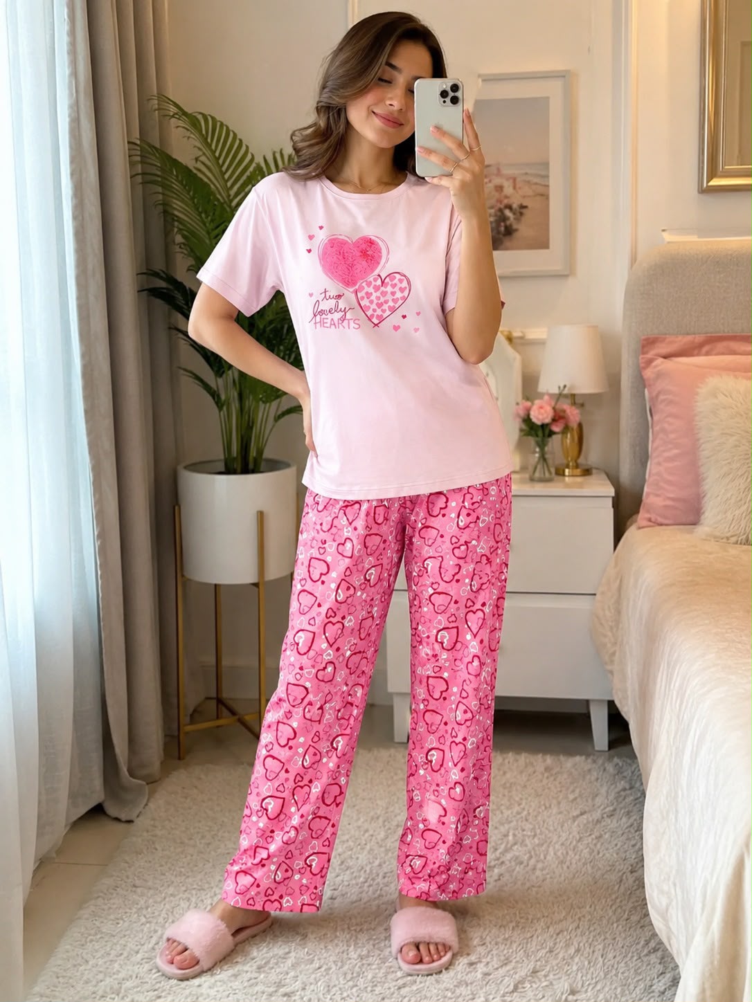 Women's Pink Top With Pink Heart Trousers Night Suit