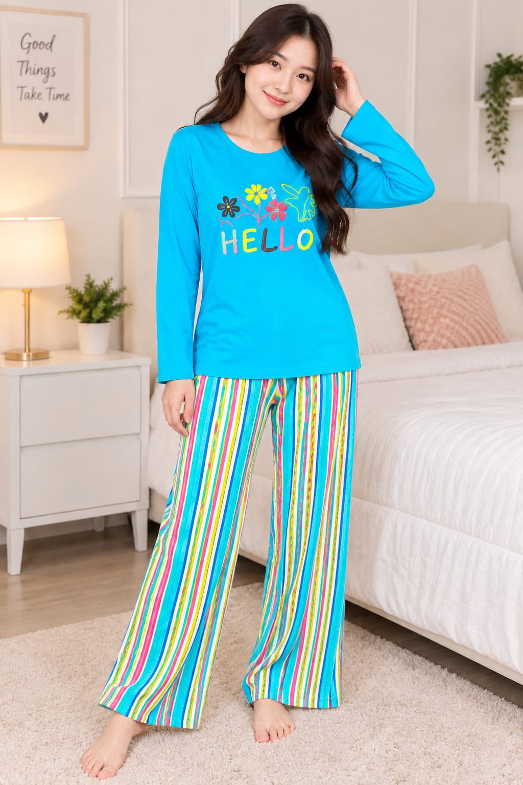Women’s “HELLO” Graphic Night Suit with Striped Trousers view 2