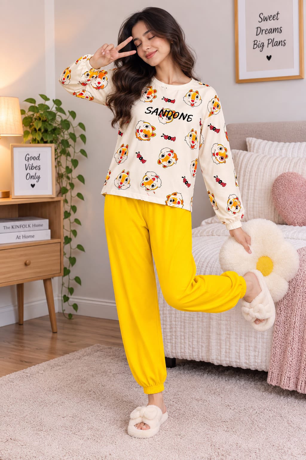 Women's White/Yellow Cartoon Set Night Suit view 2
