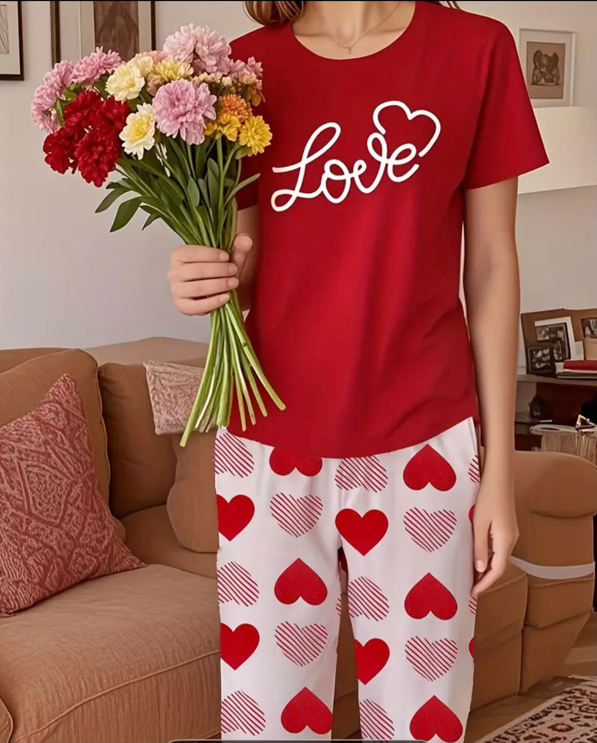 Women's Red Love Top With Heart Trousers Night Suit view 2