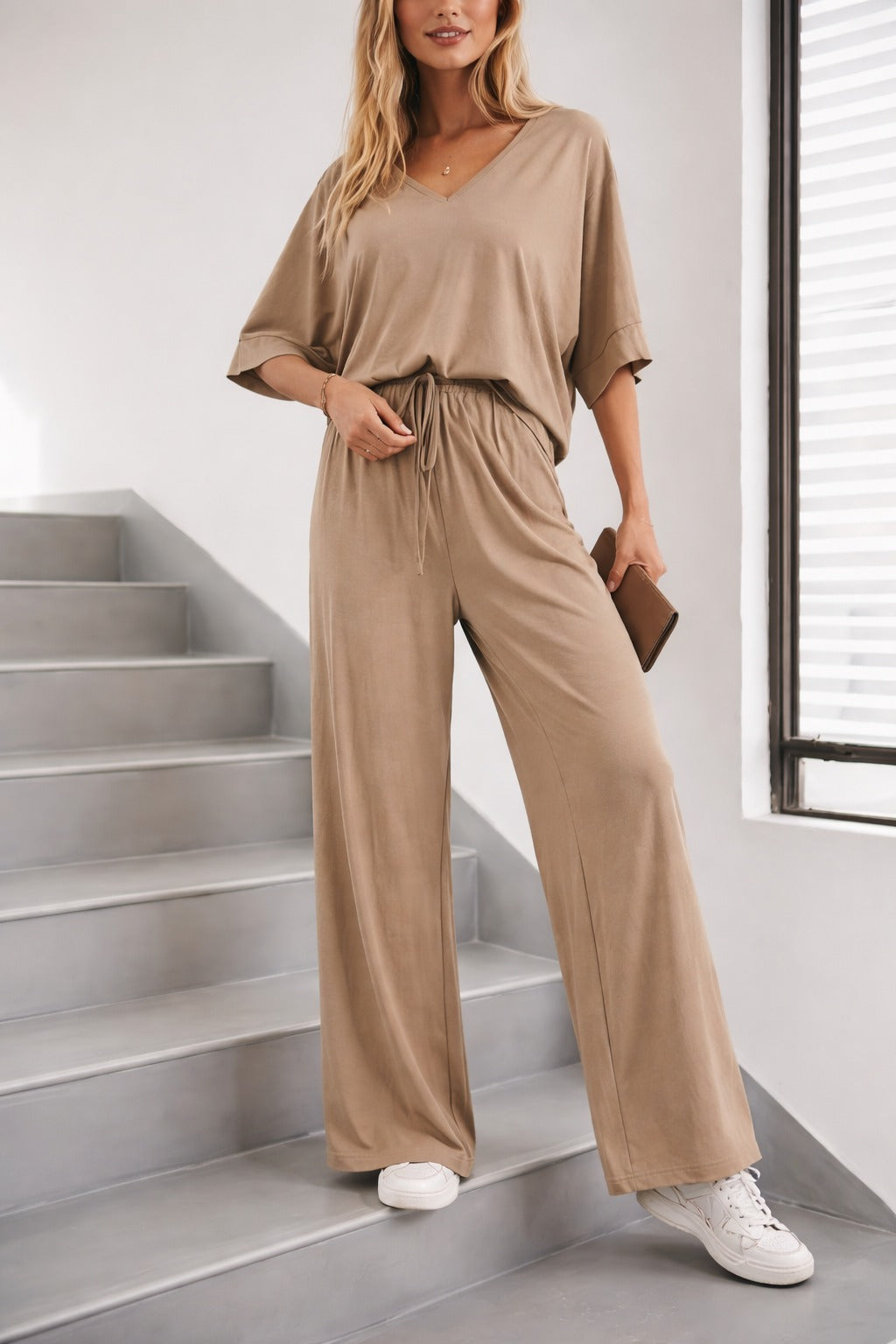 V Neck Plain Half Sleeves Night Suit With Plazo Pajama view 2