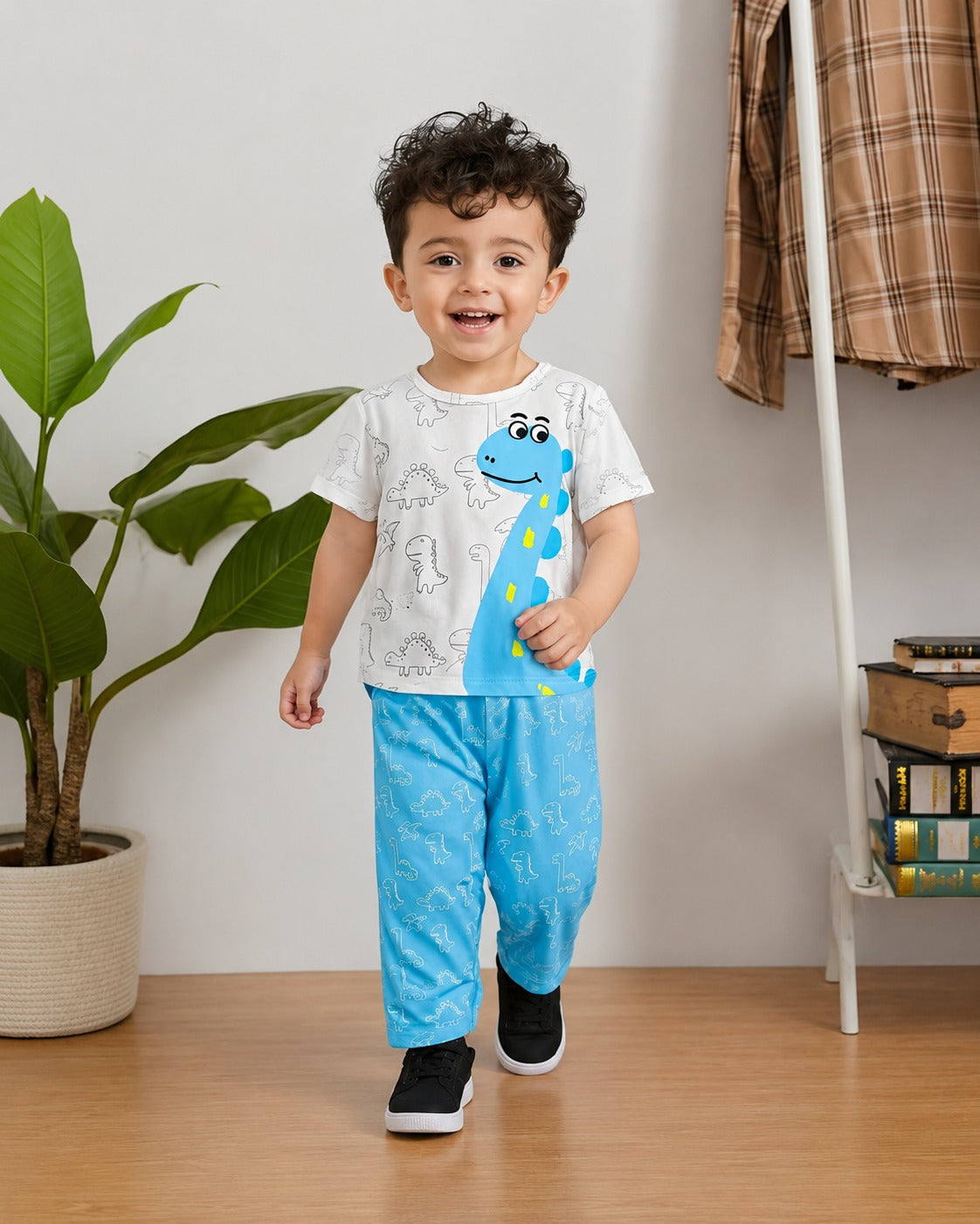 White With Blue Dino Printed Kid Suit view 3