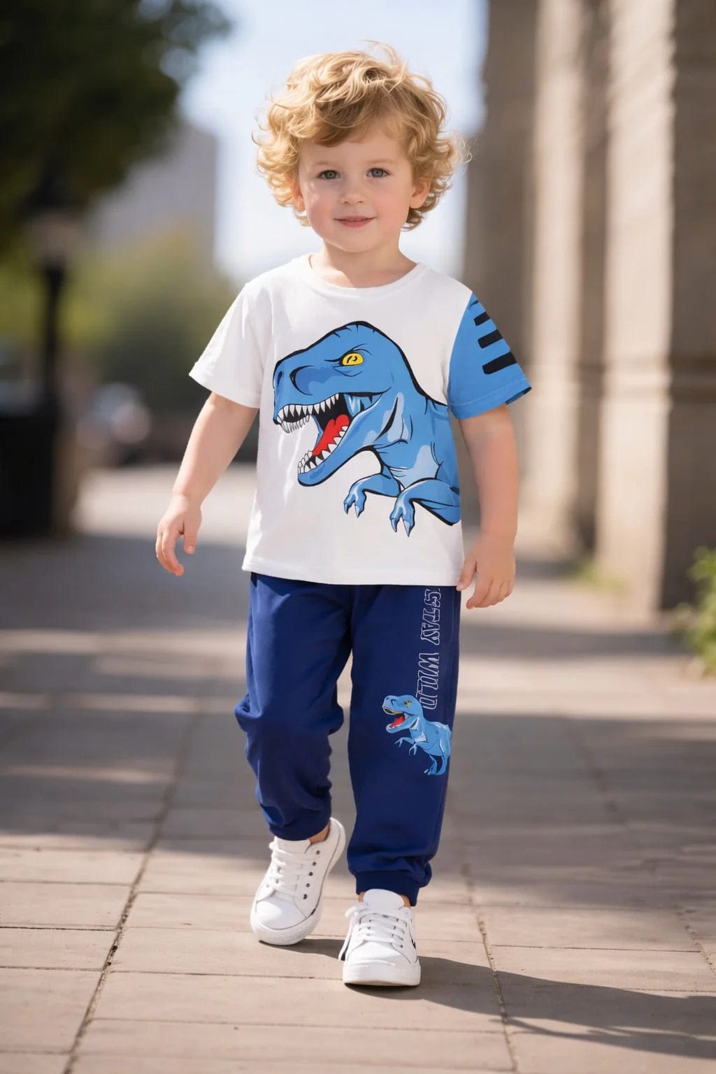 White With Big Blue Dinosaur With Blue Printed Pajama Kids Suit