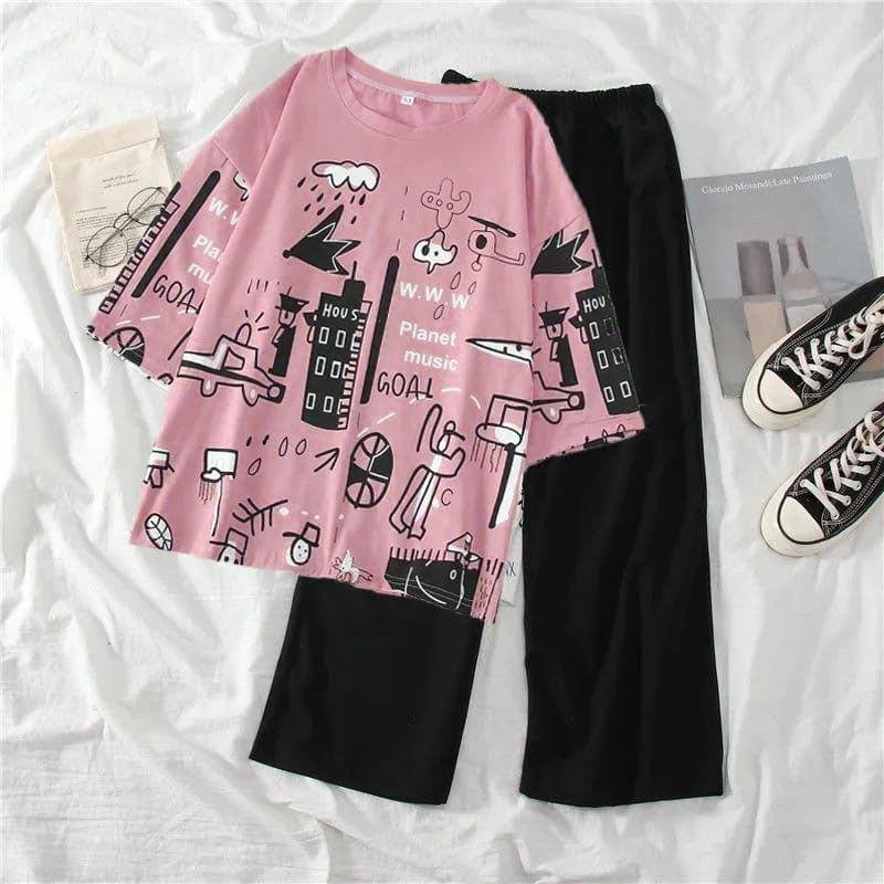 Multi Printed Half Sleeves T-shirt With Plain Black Trouser Suit view 5