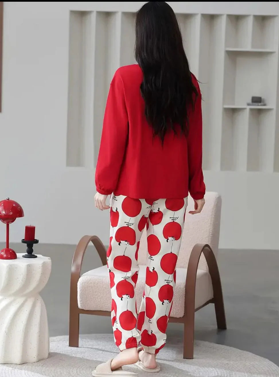 Red Hello Tuesday Printed Full Sleeves Pj The Ultimate Dream Wear Sleep Suit (RX-333) view 2
