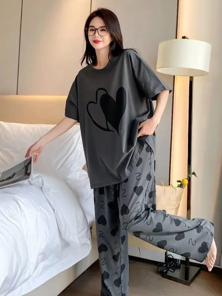 Women's Grey/Black Heart Graphic Set Night Suit