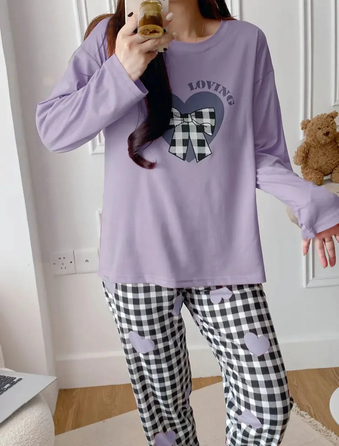 Loving with Check Ribbon Printed Full Sleeves PJ The Ultimate Dream Wear Sleep Suit view 2