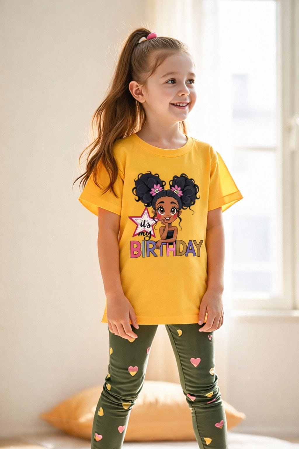 Yellow It's My Birthday Printed T-Shirt With Green Hearts Printed Pajama Kids Night Suit