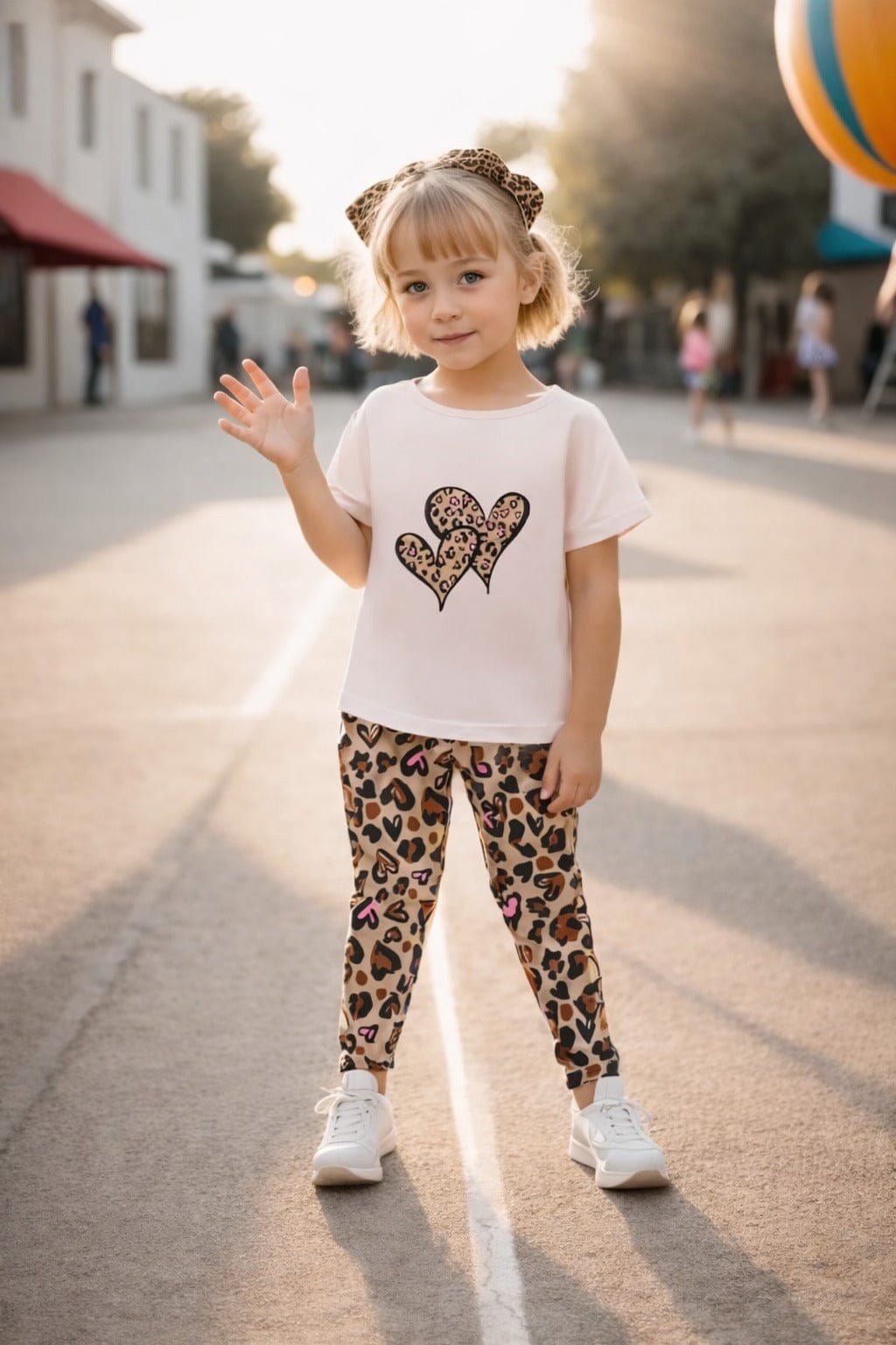 Off White Half Sleeves Cheetah Heart Printed T-Shirt With Cheetah Pajama Kids Suit