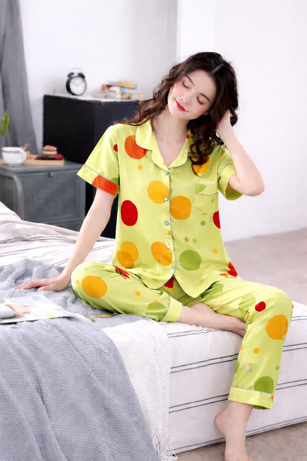 Women's Yellow Multicolor Dot Set Night Suit