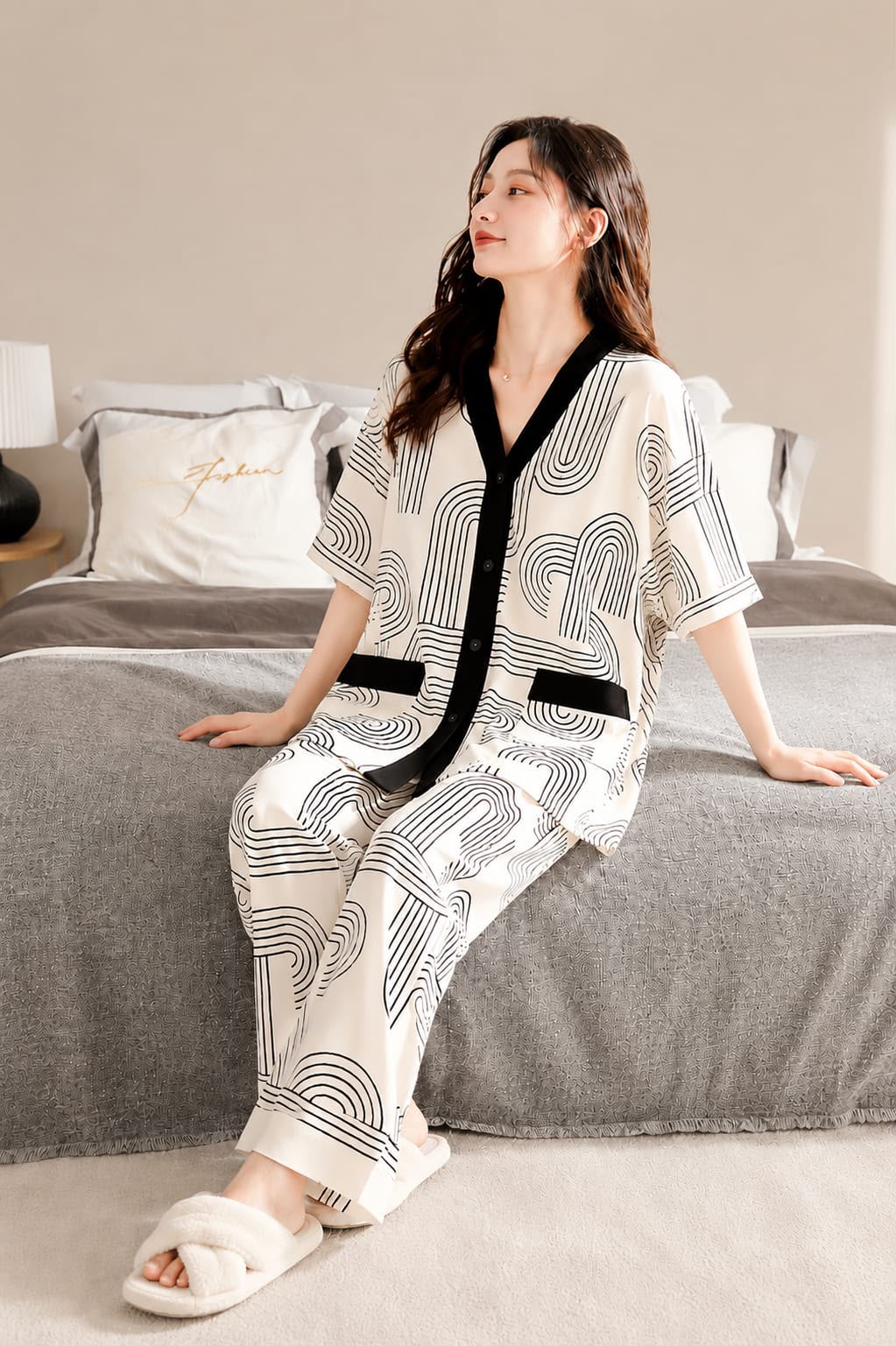 White, Black & Grey Geometric Piped Button-Front Short-Sleeve Night Suit
