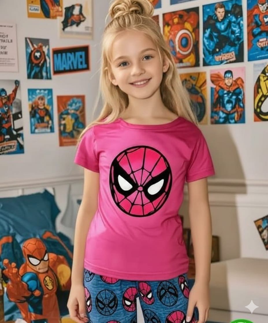 Pink Spider Girl Printed Kids Night Suit