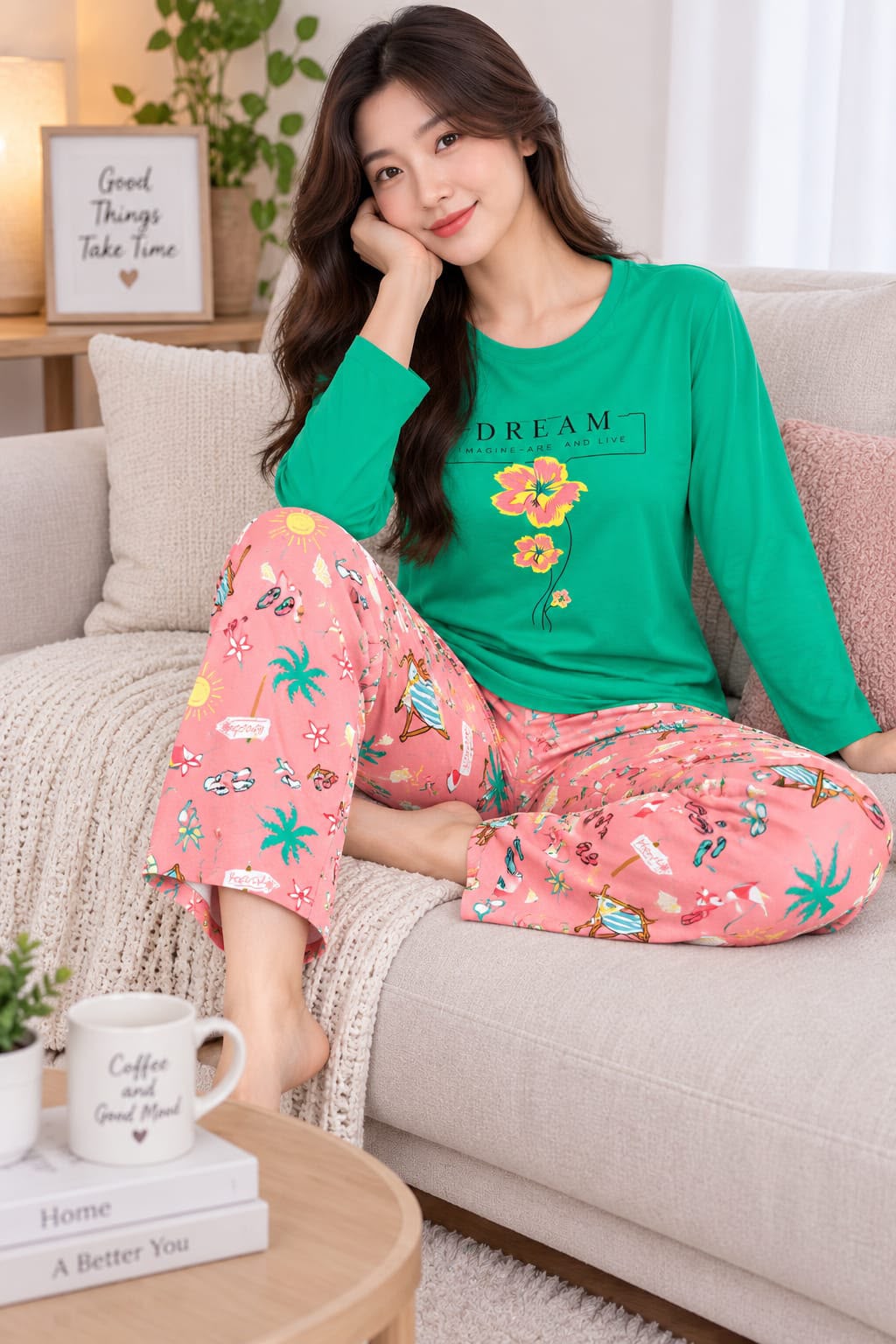 Women's Teal Top With Pink Floral Trousers Night Suit