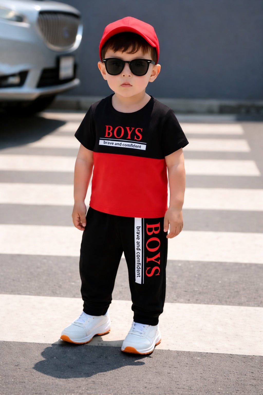 Black And Red Boys Brave And Confident Printed T-Shirt With Printed Pajama Kids Suit