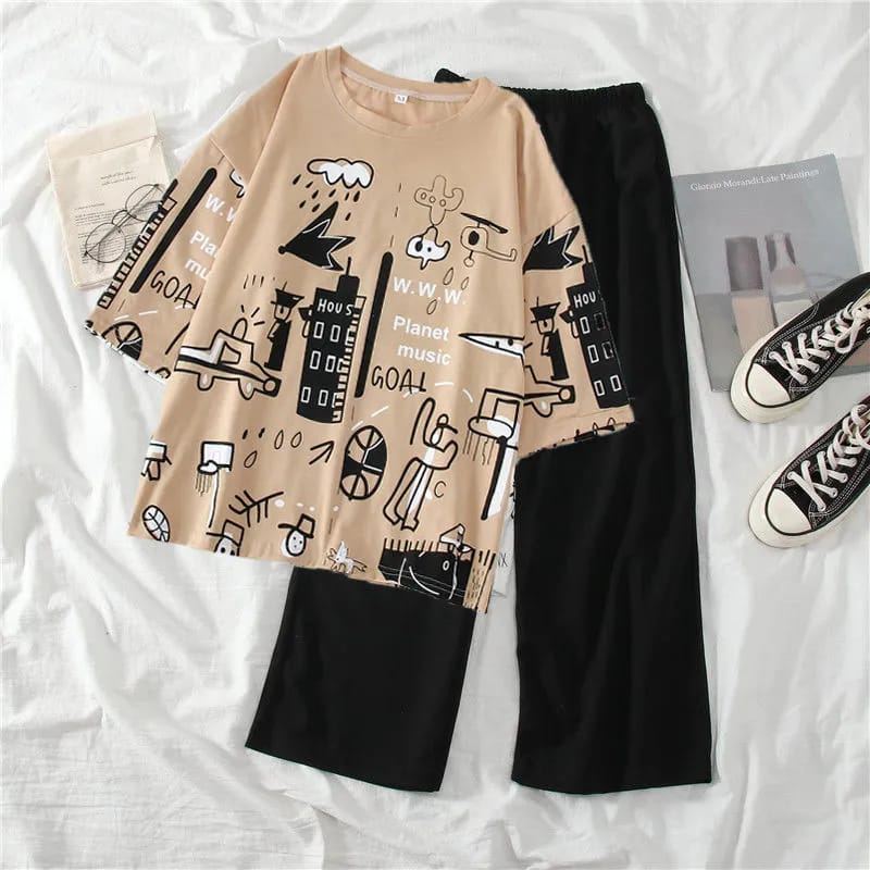 Multi Printed Half Sleeves T-shirt With Plain Black Trouser Suit view 3