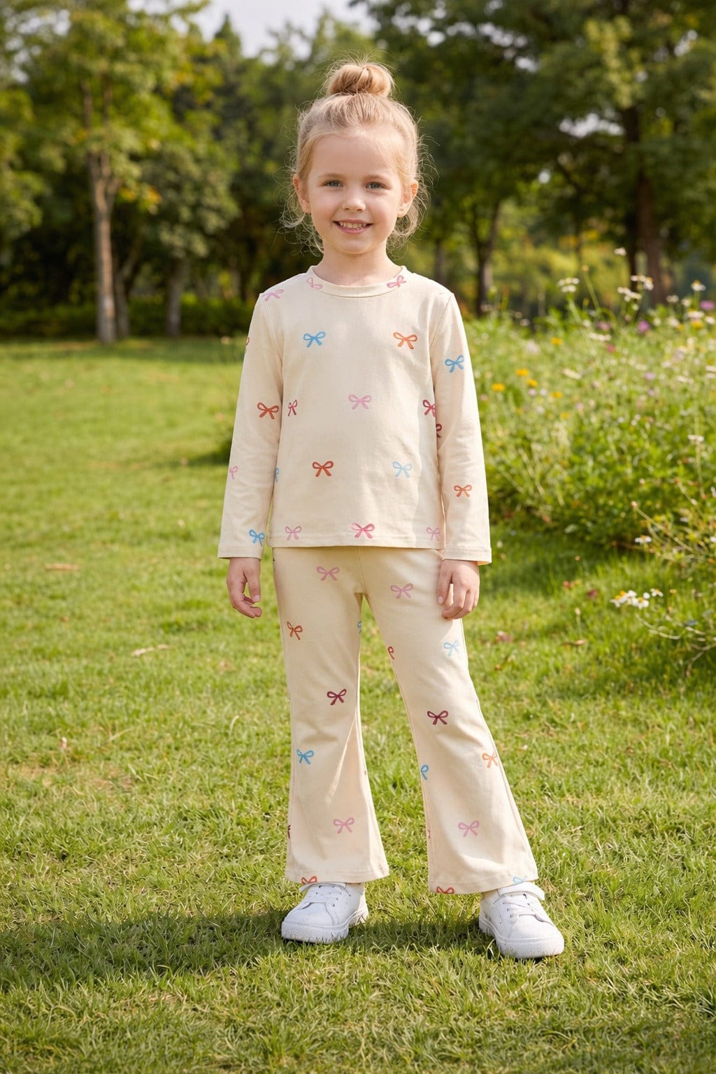 Off White Multi Color Bow Printed Full Sleeves Kids Night Suit