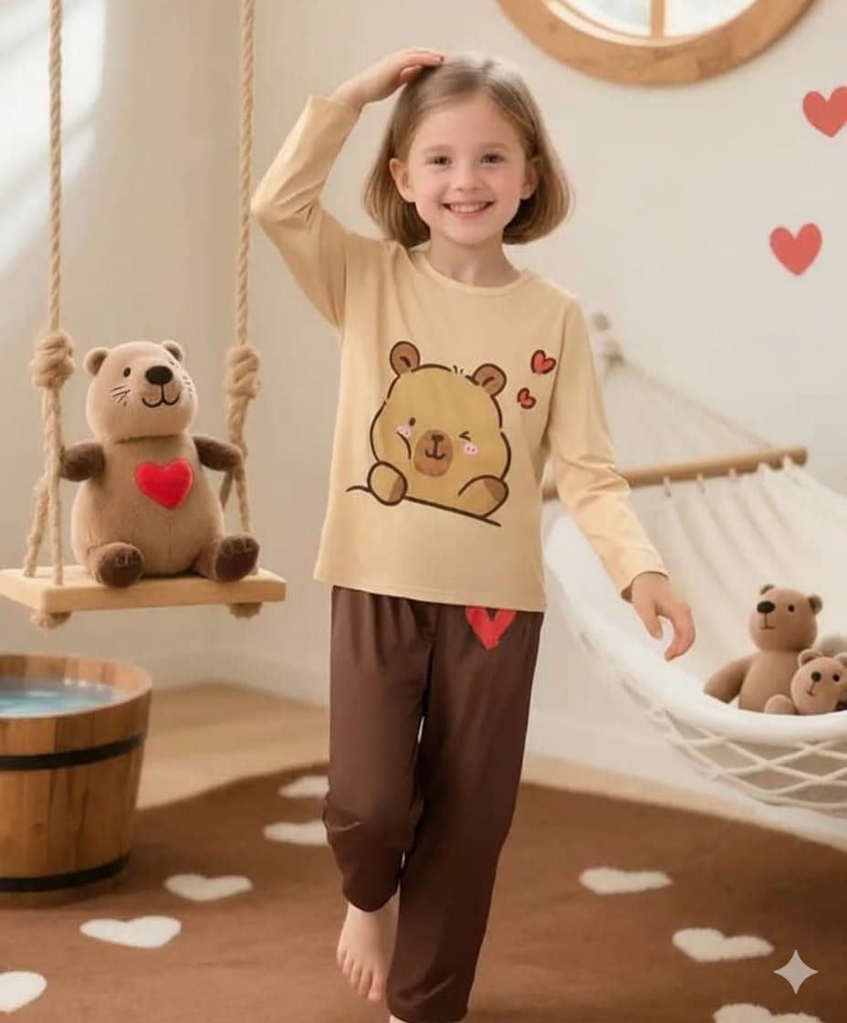 Brown Cute Bear Printed Kids Night Suit