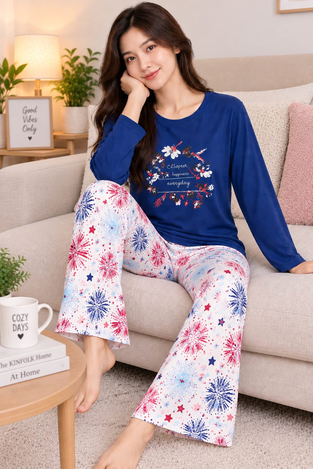 Women's Blue Floral Long-Sleeve Set Night Suit view 2