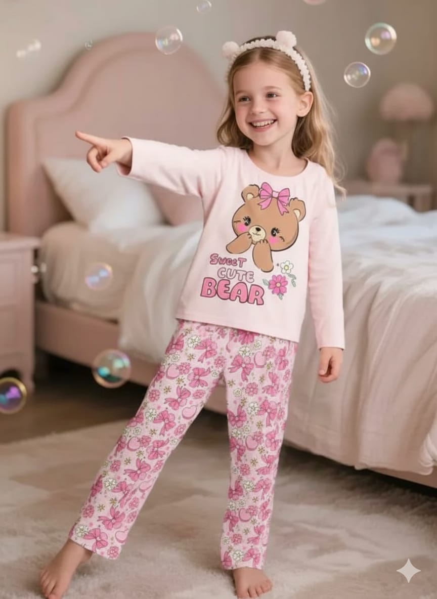 Pink Sweet Cute Bear Printed Kids Night Suit