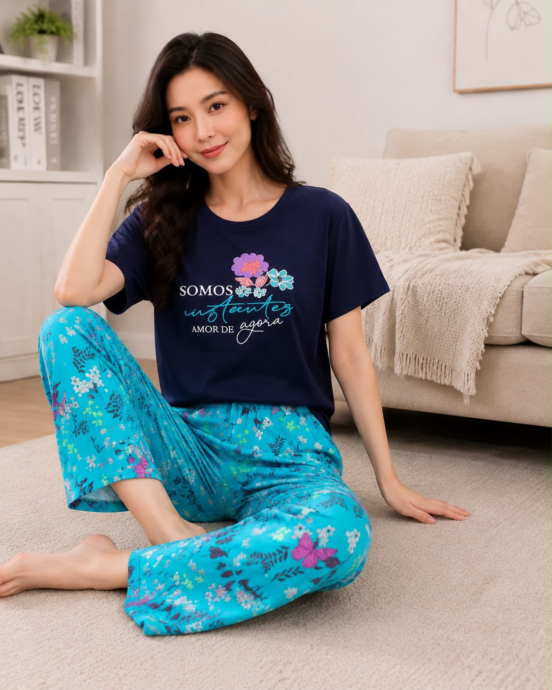 Women's Navy Top With Turquoise Floral Trousers Night Suit