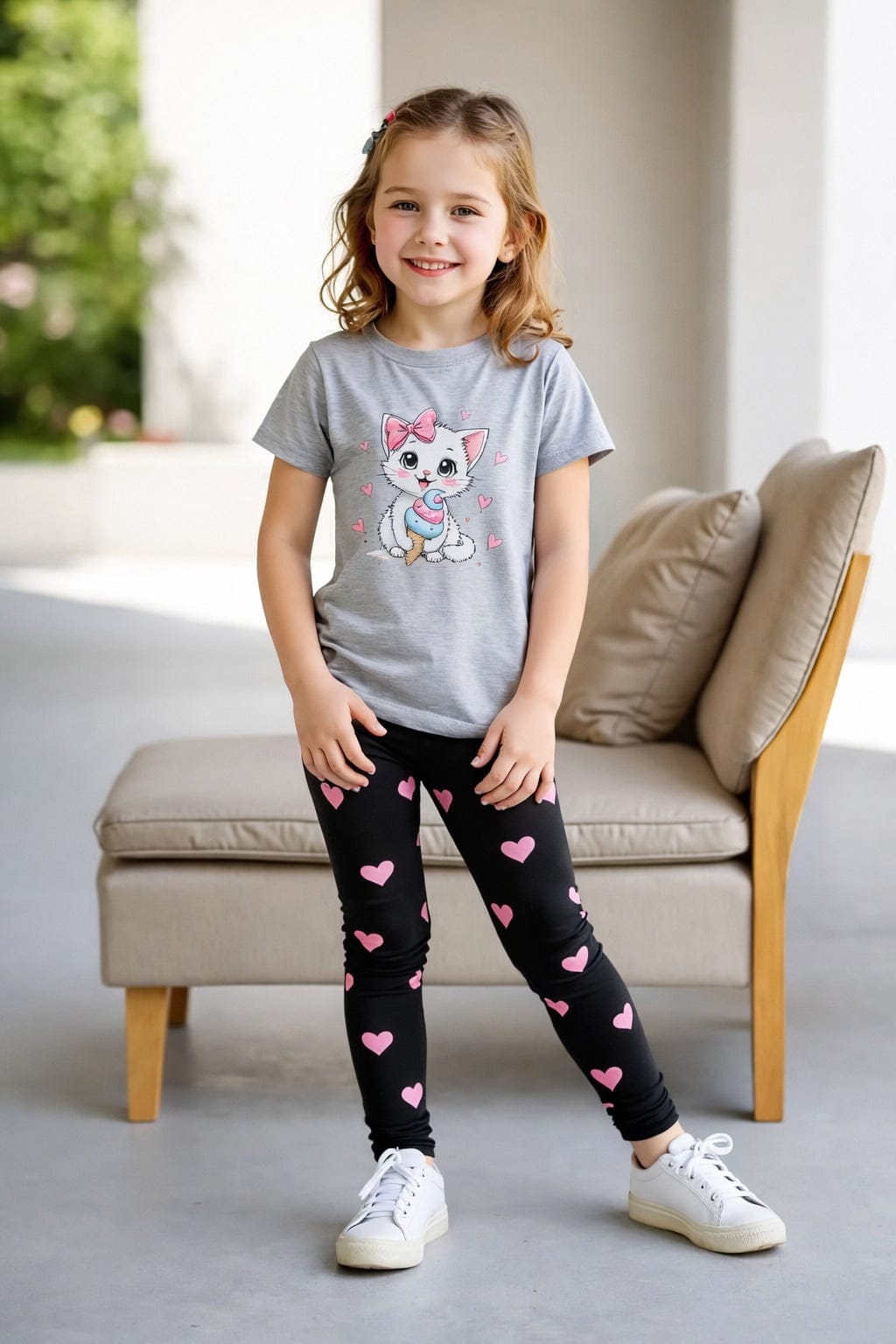 Grey Cute Cat Printed T-Shirt With Black Hearts Printed Pajama Kids Night Suit