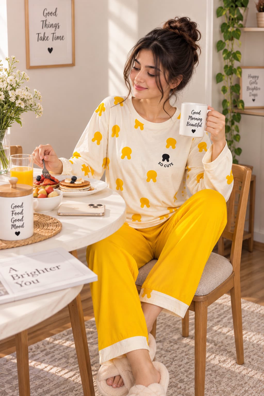 Women's Yellow/White Graphic Set Night Suit