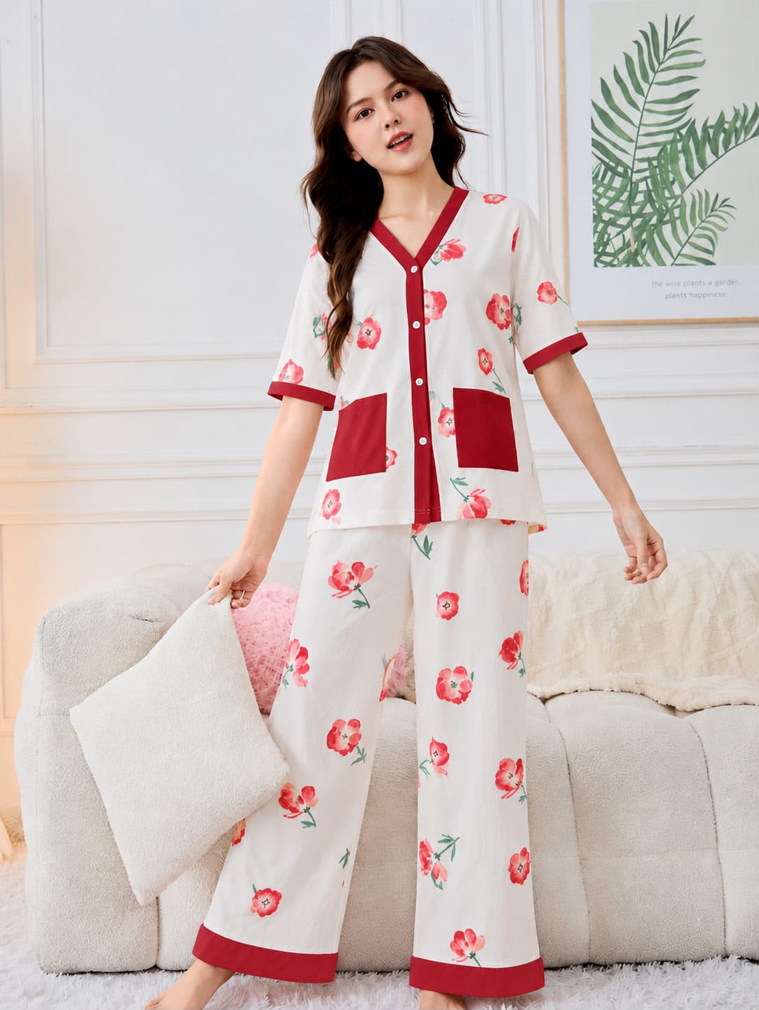 Women's White/Red Floral Piped Set Night Suit