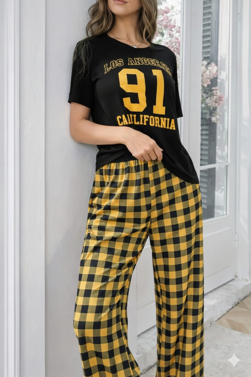 Black Los Angeles California Print Half Sleeves Night Suit (RX-382) view 2