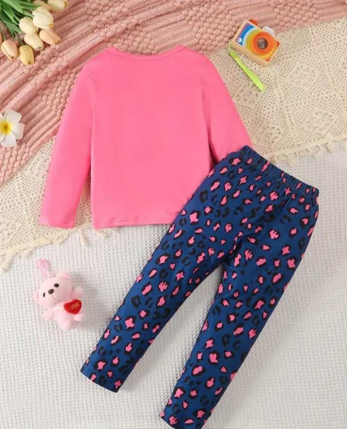 Shocking Pink Cute Kitty With Cheetha Pajama Printed Kids Night Suit view 2