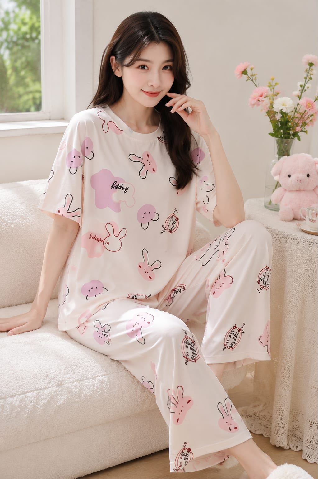 Women's Pink Teddy-Print Set Night Suit