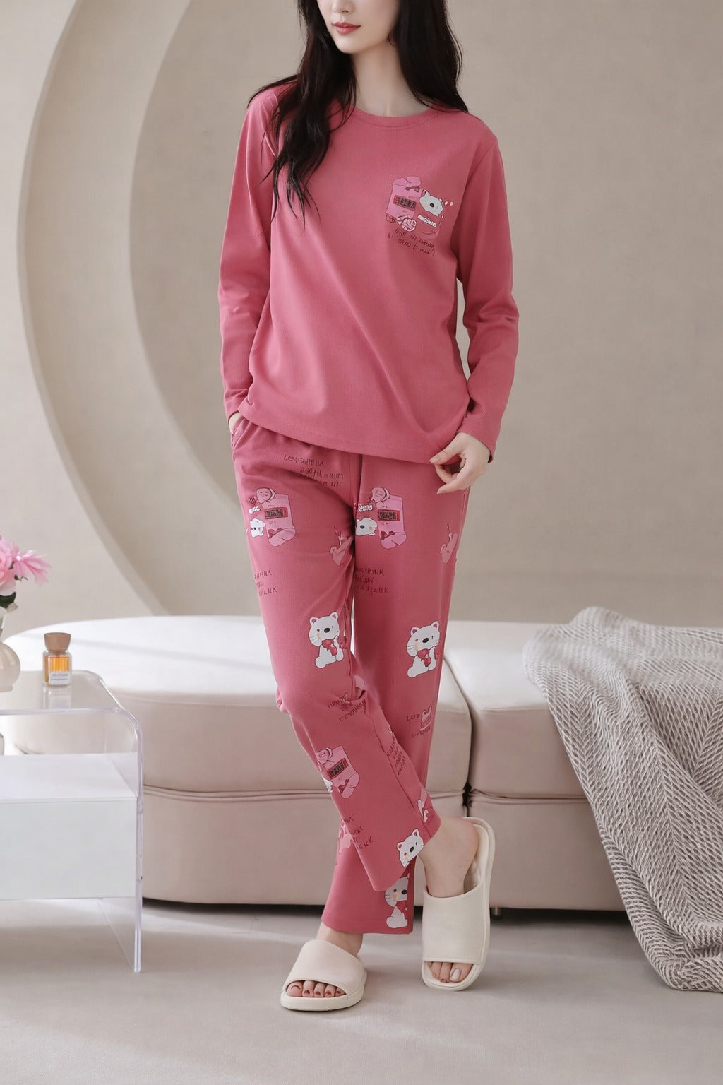 Shocking pink Sleepy bear with bear Printed Pajama Full Sleeves Night Suit