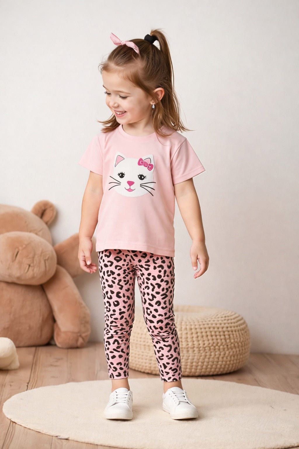 Baby Pink Kitty With Bow Printed T-Shirt With Pink Cheetah Printed Pajama Kids Suit