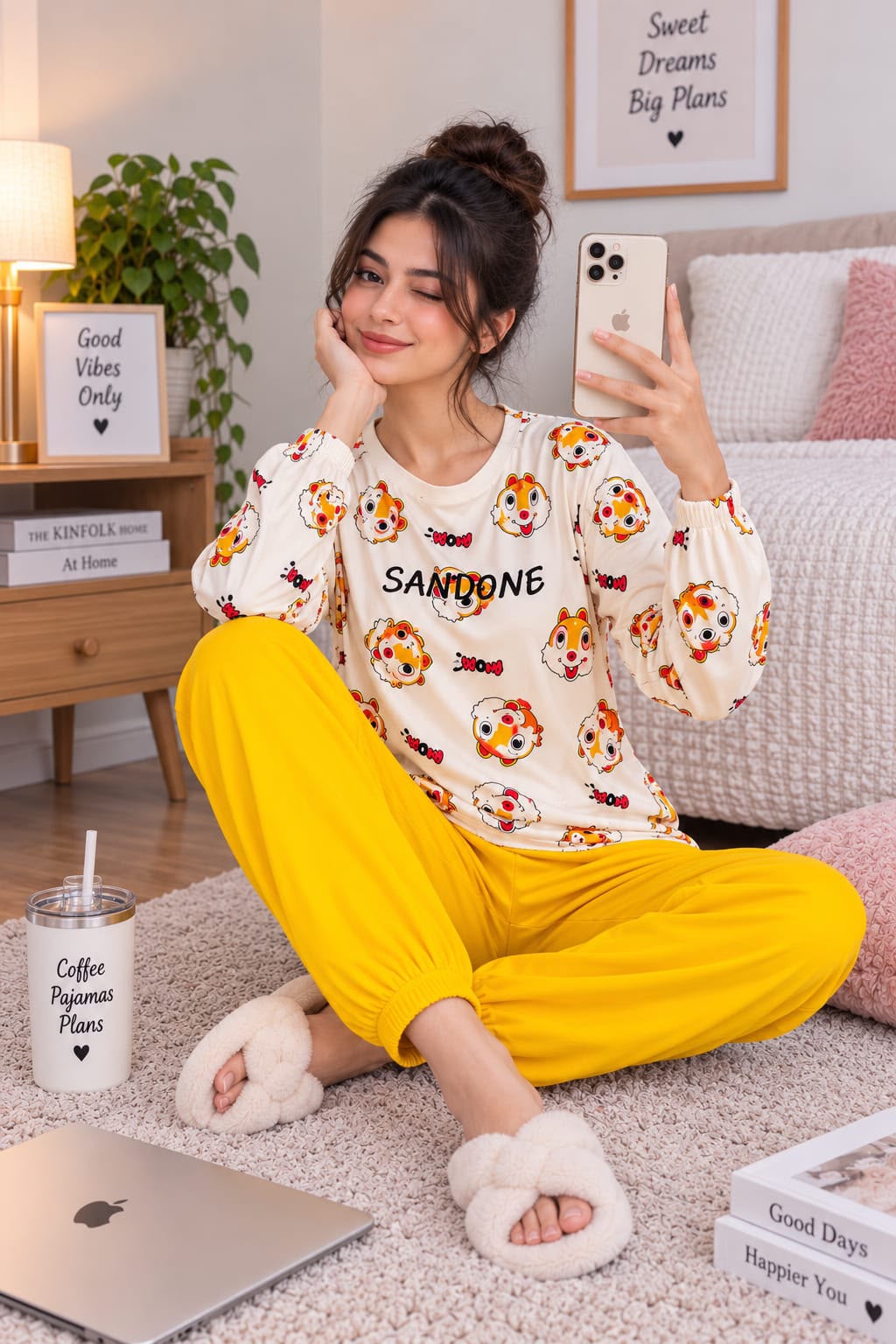 Women's White/Yellow Graphic Set Night Suit