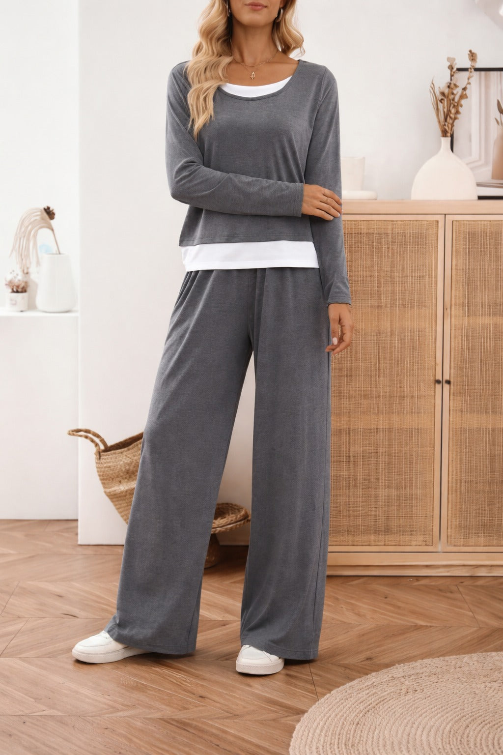 Plain Plazzo Night Suit With White Bottom Line For Her view 2