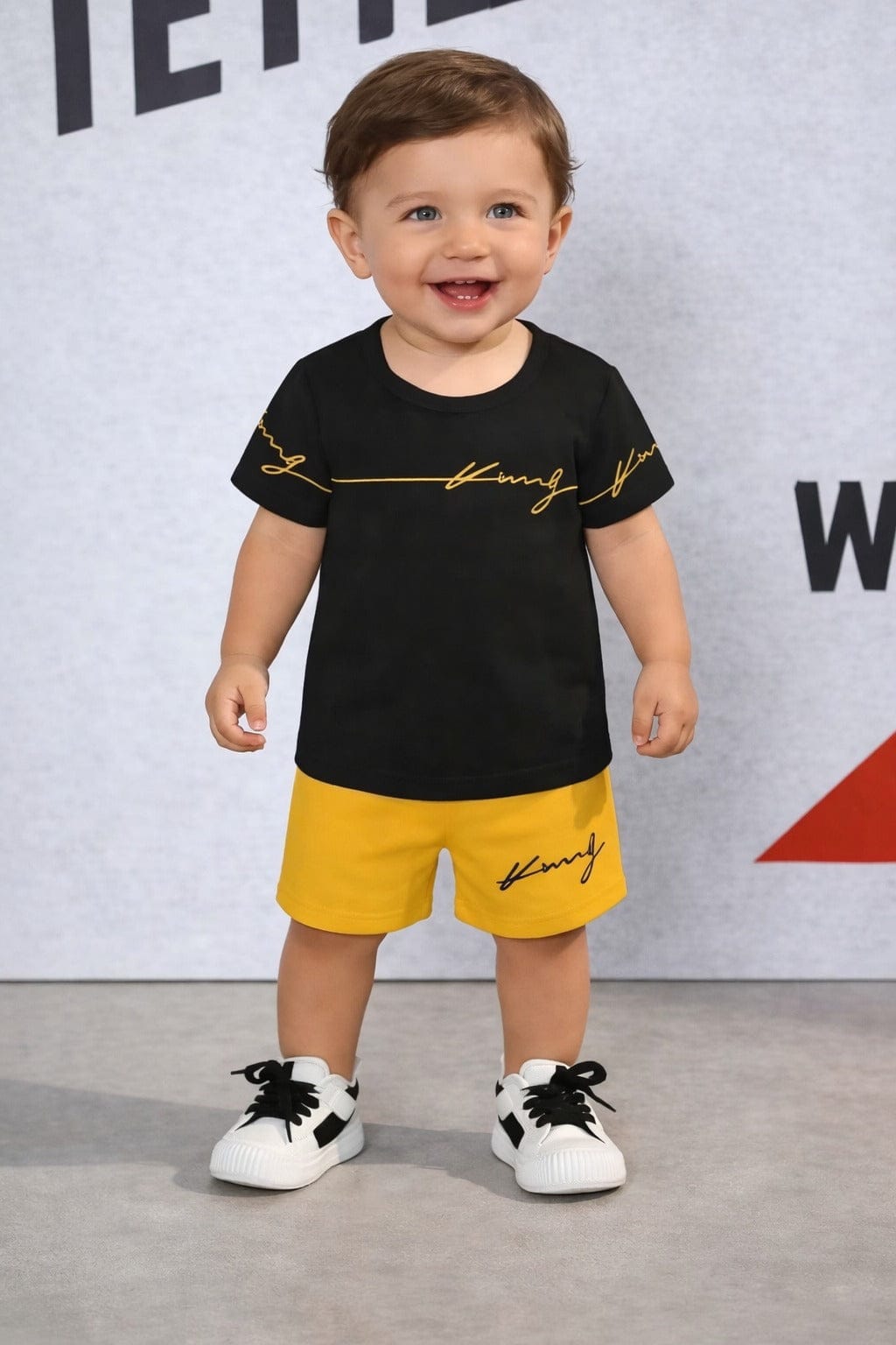 Black Kong Printed T-Shirt With Yellow Shorts Printed Kids Suit