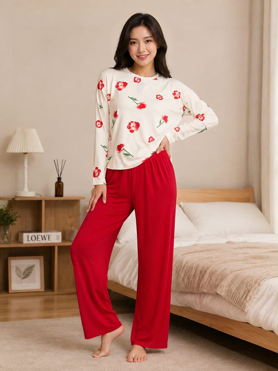 Women's White/Red Floral Top With Red Trousers Night Suit