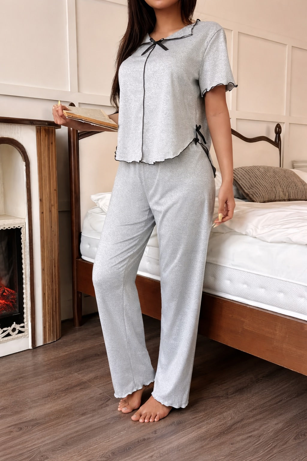 Collar With Contrast Bow Half Sleeves Night Suit view 10