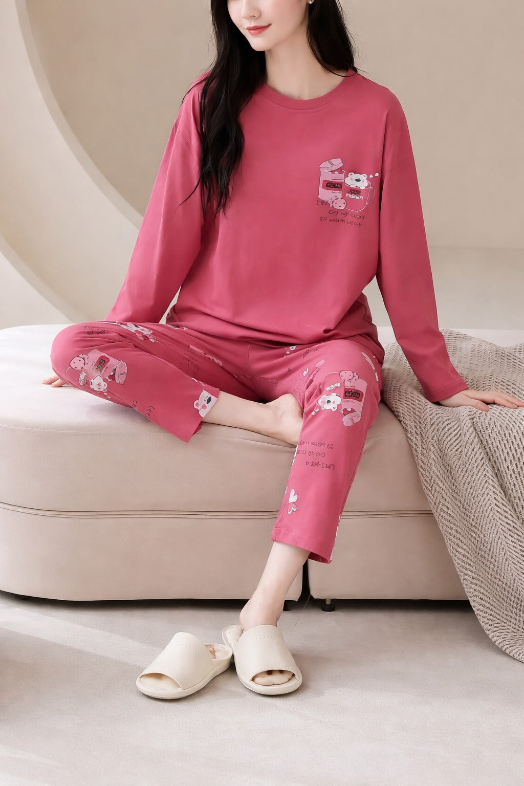 Shocking pink Sleepy bear with bear Printed Pajama Full Sleeves Night Suit view 4