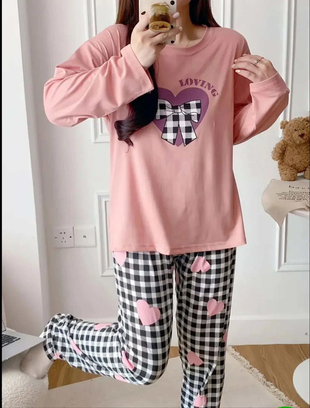 Loving with Check Ribbon Printed Full Sleeves PJ The Ultimate Dream Wear Sleep Suit view 5