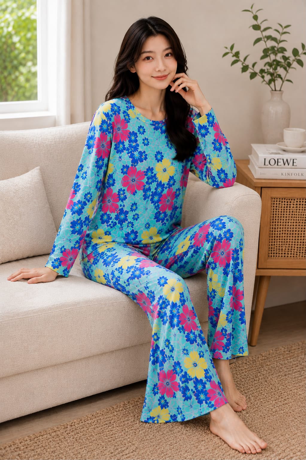Women's Blue Floral Full Set Night Suit view 2