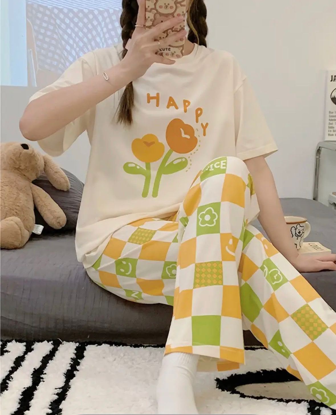 Women's White/Yellow Happy/Check Set Night Suit view 2
