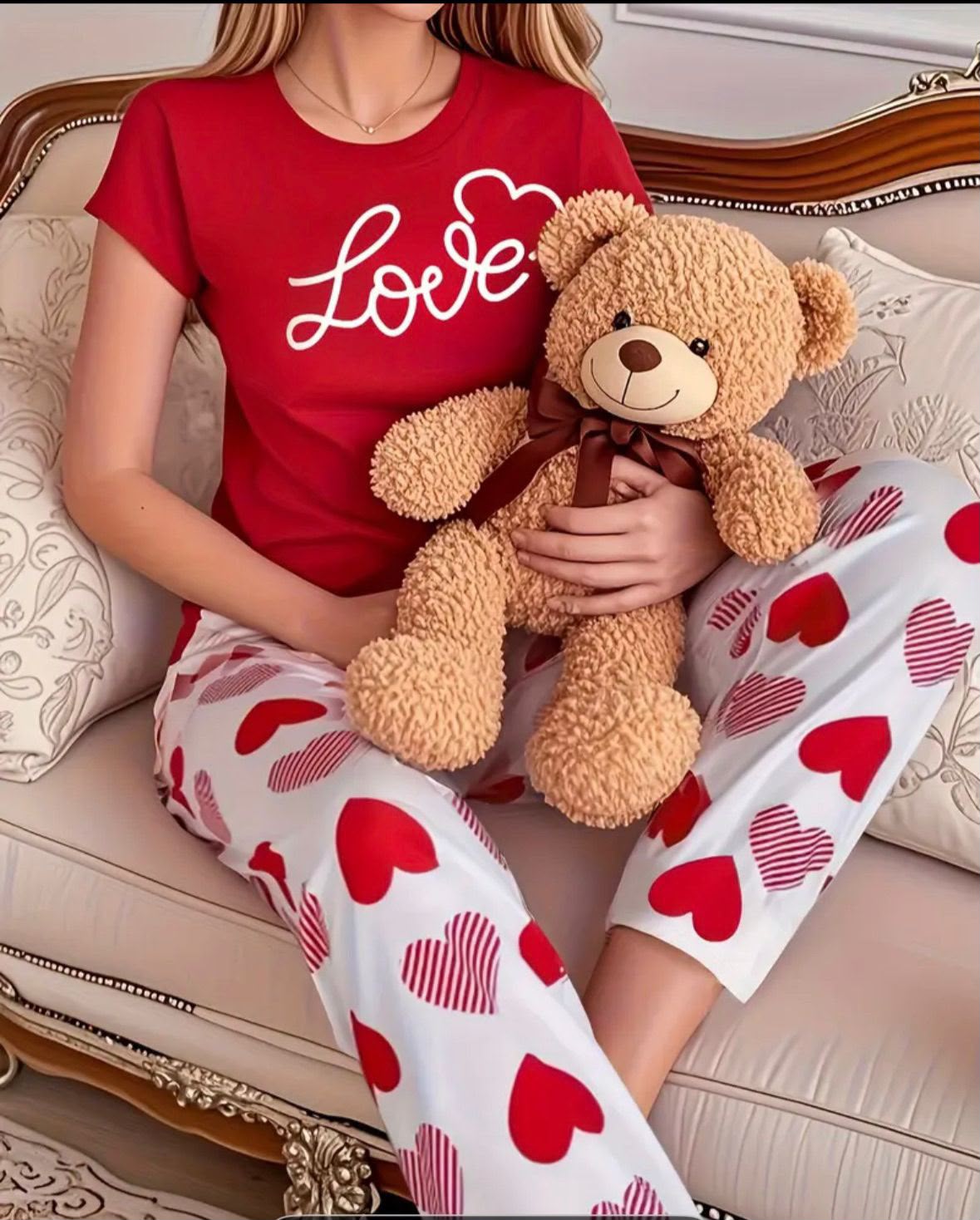 Women's Red Love Top With Heart Trousers Night Suit