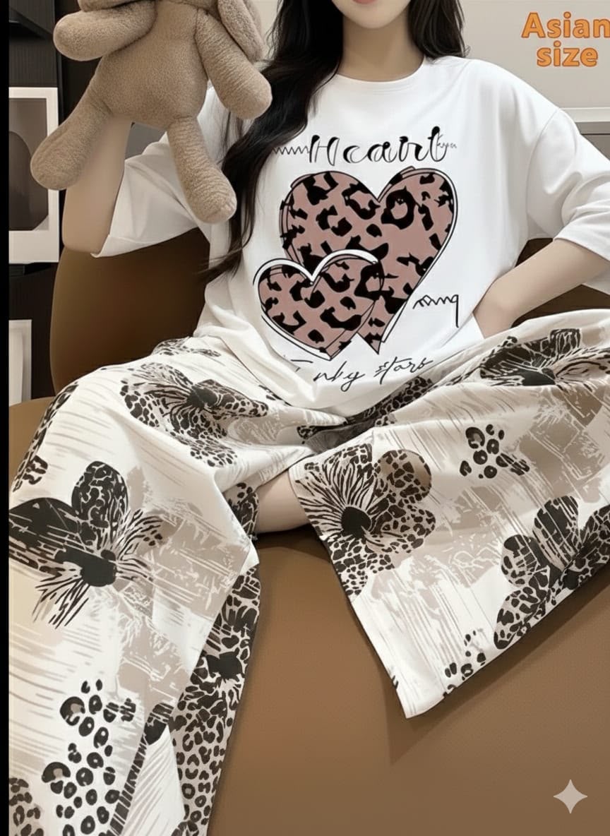 Women's White/Black Leopard-Heart Set Night Suit